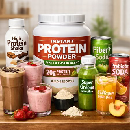 create an image containing a variety of healthy beverages like high protein nutritional shakes high fiber sodas Also include a container of instant pr-1