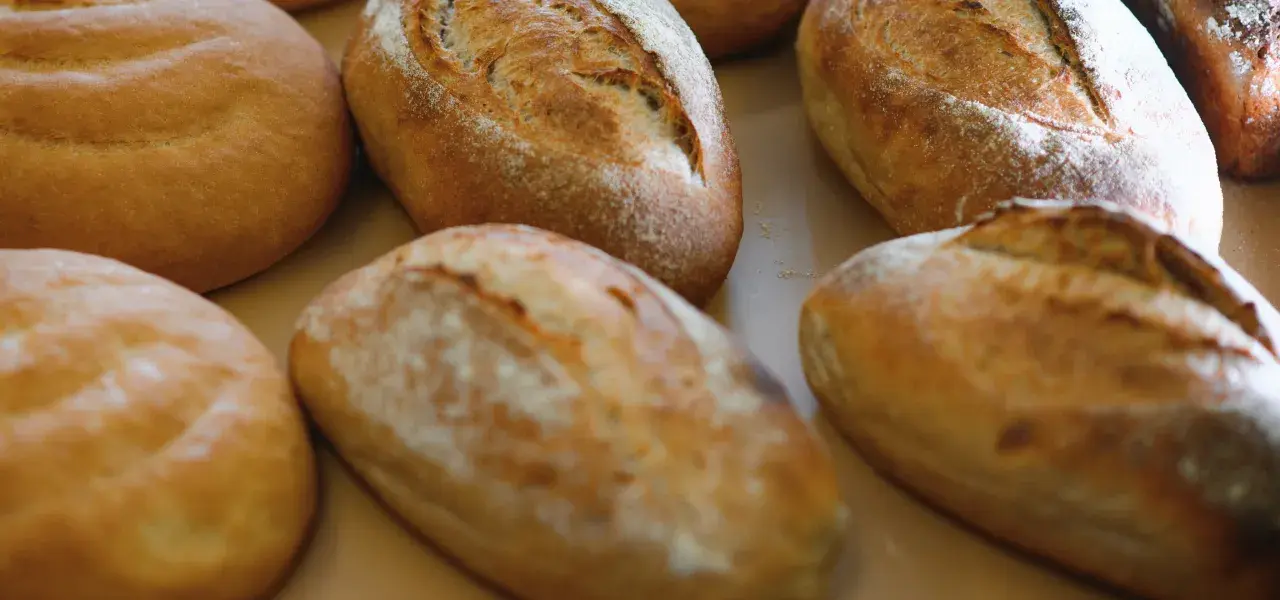 Freshly baked artisan bread loaves dusted with flour on a bakery tray.