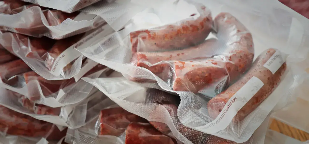 Vacuum-sealed packages of fresh sausages ready for storage.