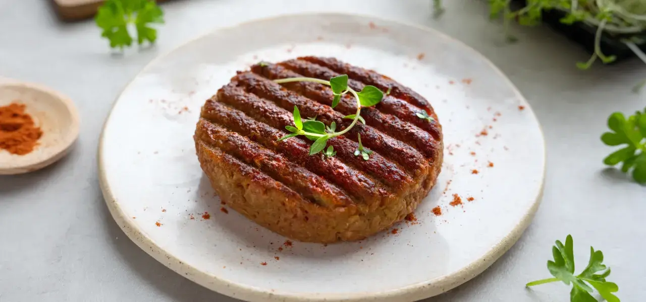Grilled plant-based burger patty garnished with fresh herbs.