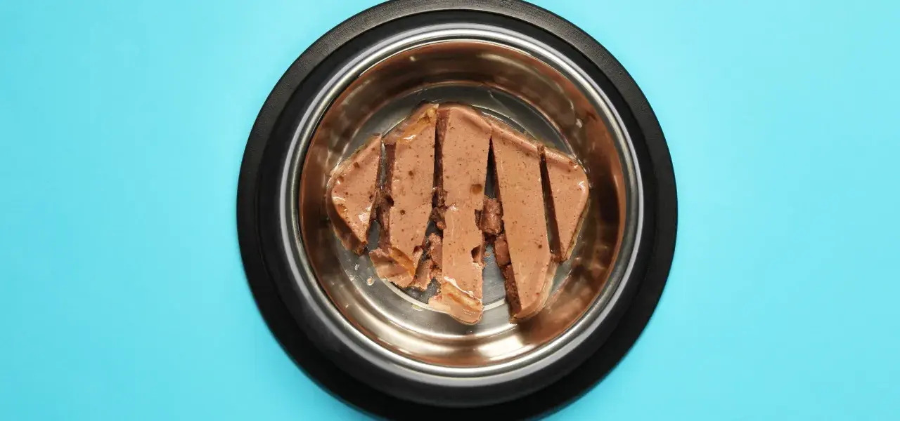 Sliced wet pet food loaf in a metal bowl on a blue background.